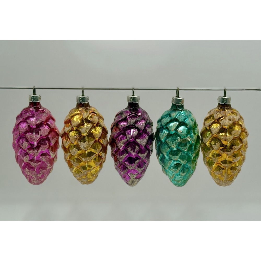 Vintage West Germany 5 Glass Frosted Pinecones Christmas Ornaments - Rare Purple